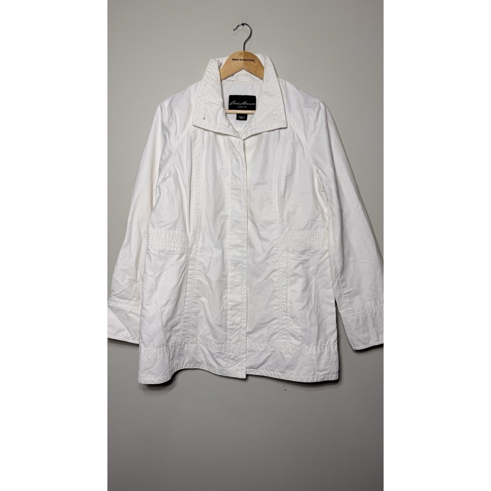 Eddie Bauer Women Large White Light Jacket Full Button Stand Collar Casual Coat
